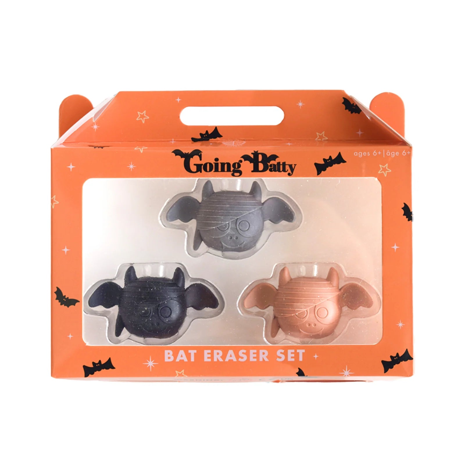 Bat eraser set packaging with three bat-shaped erasers on an orange background.