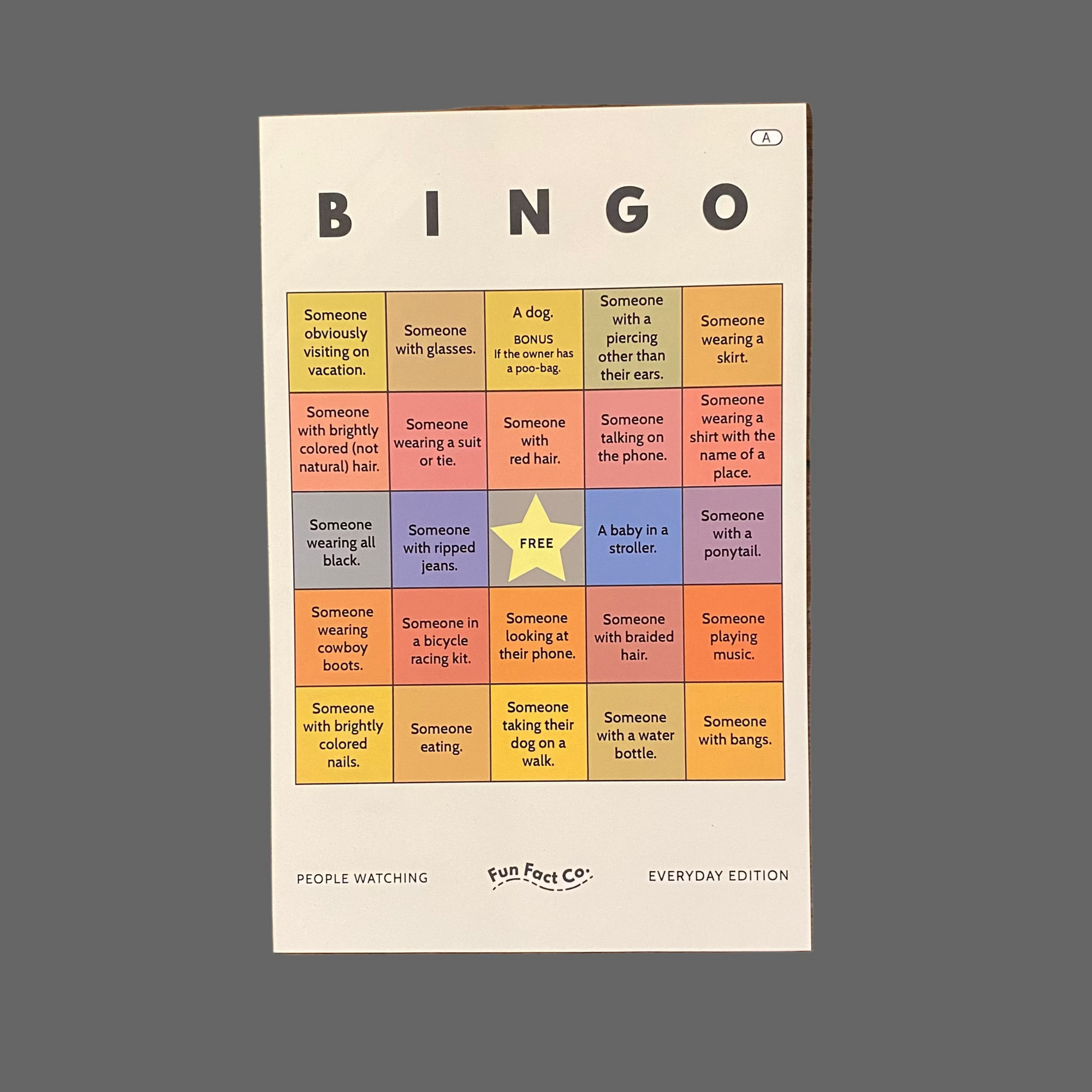 Bingo game board with colorful squares on a gray background