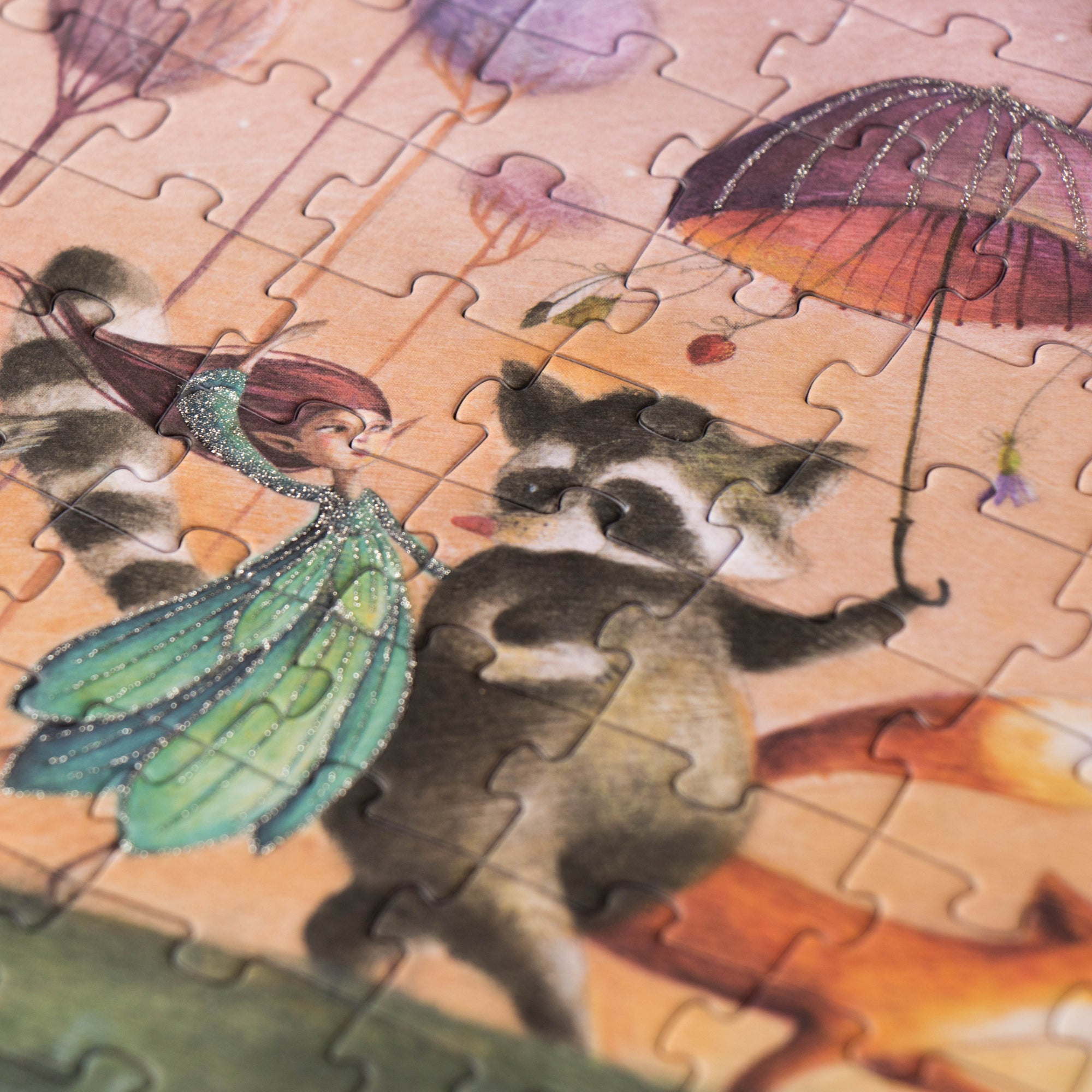 Jigsaw puzzle with a raccoon character and fairy-like figure on a colorful background