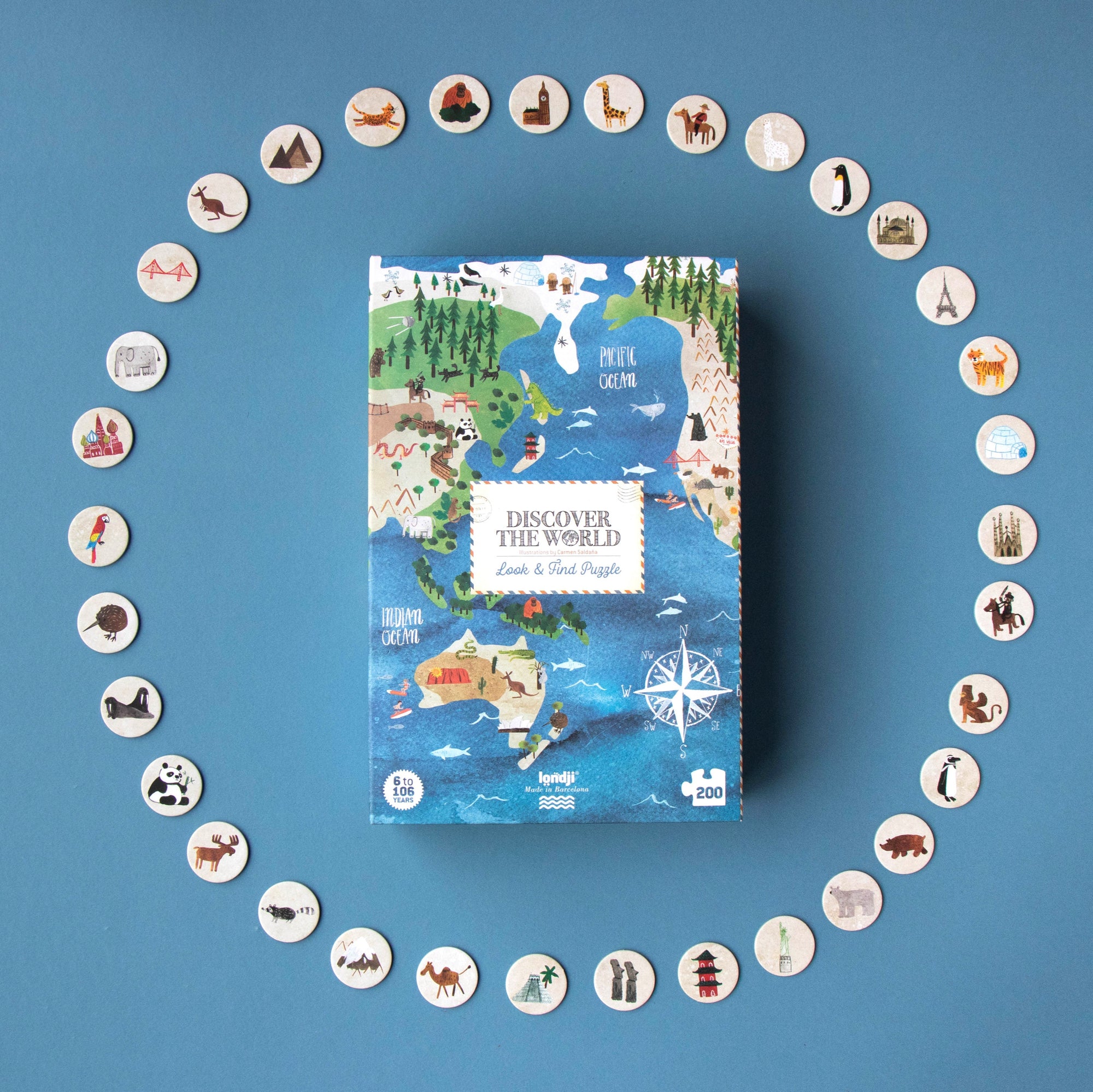 Map-themed product packaging surrounded by small icons on a blue background