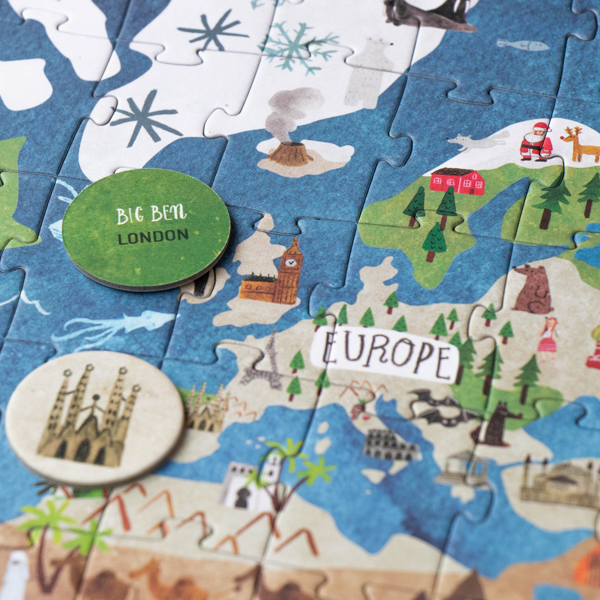 Children's puzzle map of Europe with landmarks and a Big Ben button.