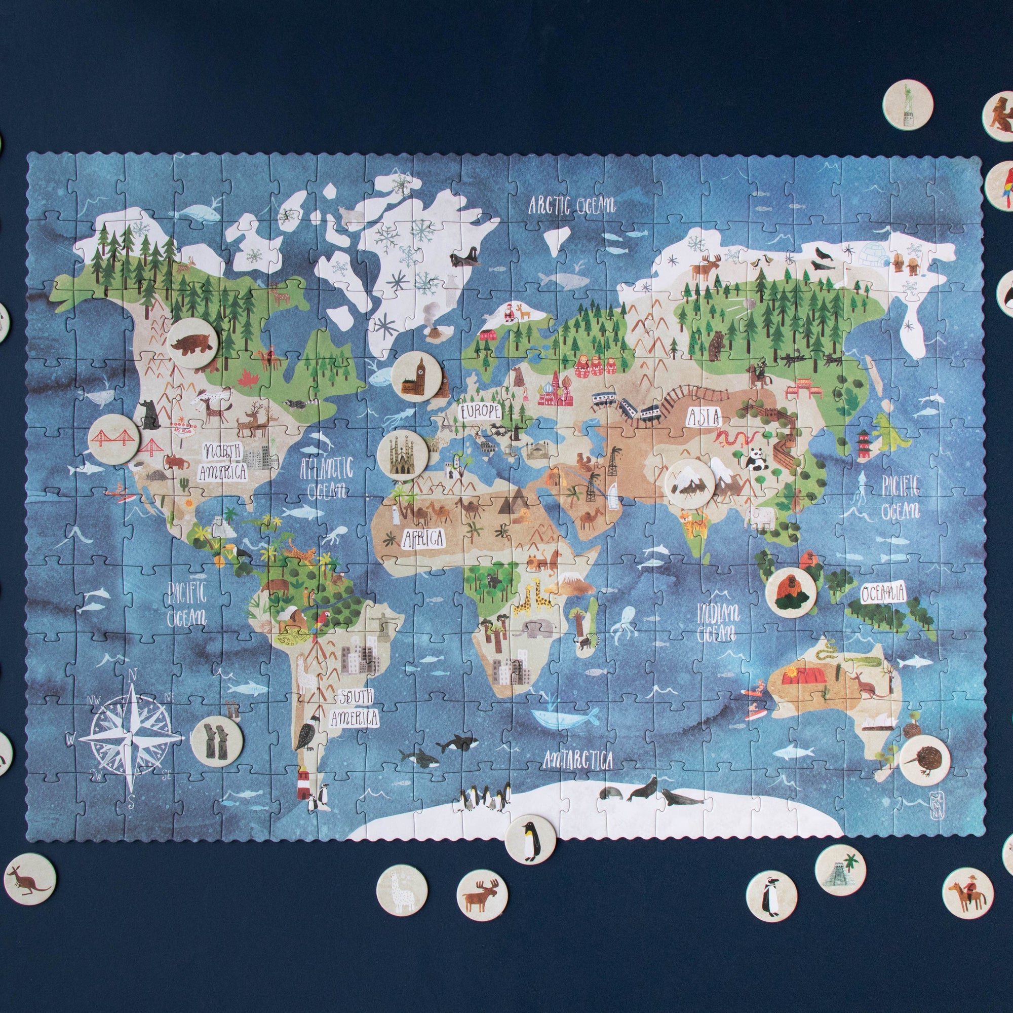 World map puzzle on a dark blue background