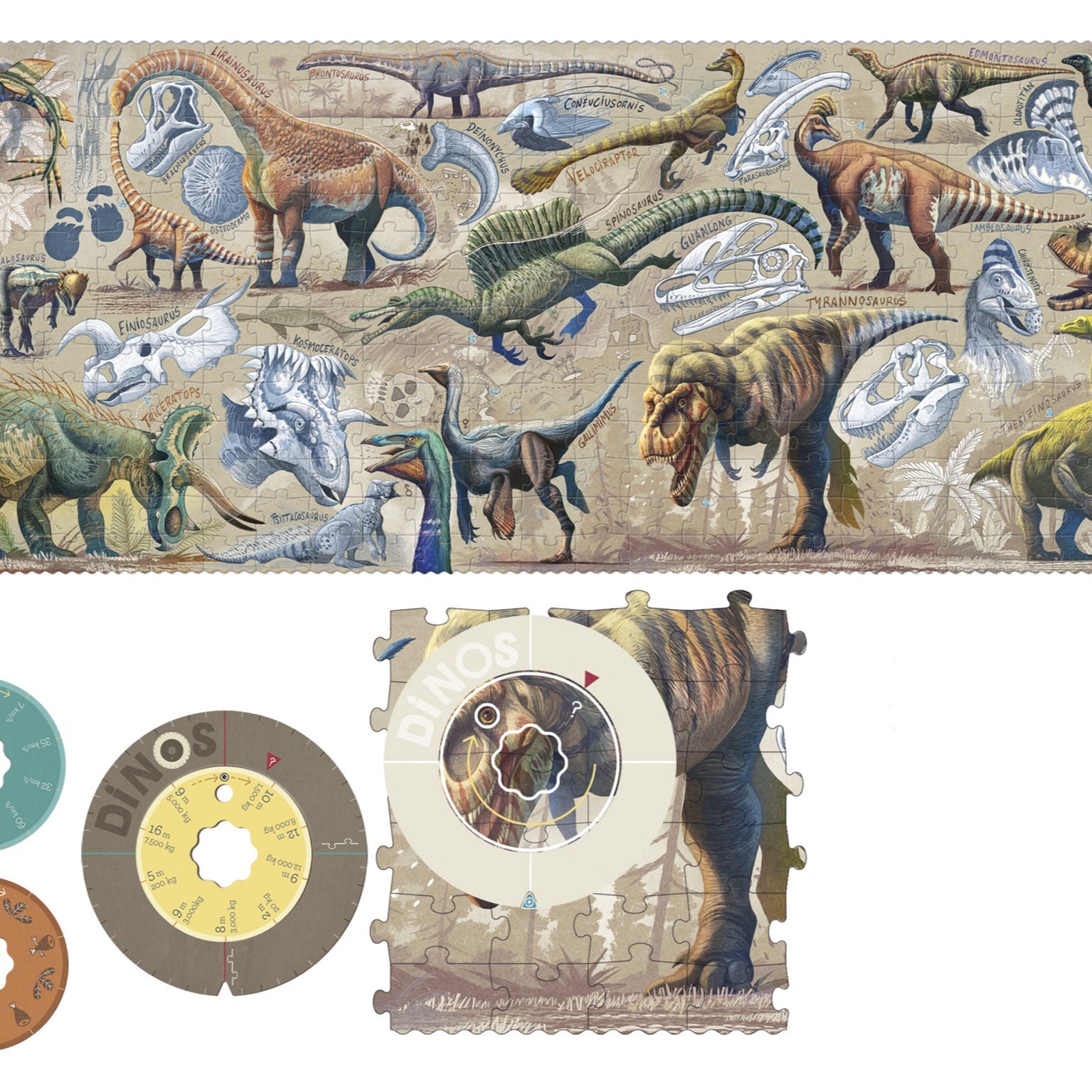Decorative border with dinosaur illustrations and three circular cutouts on a white background