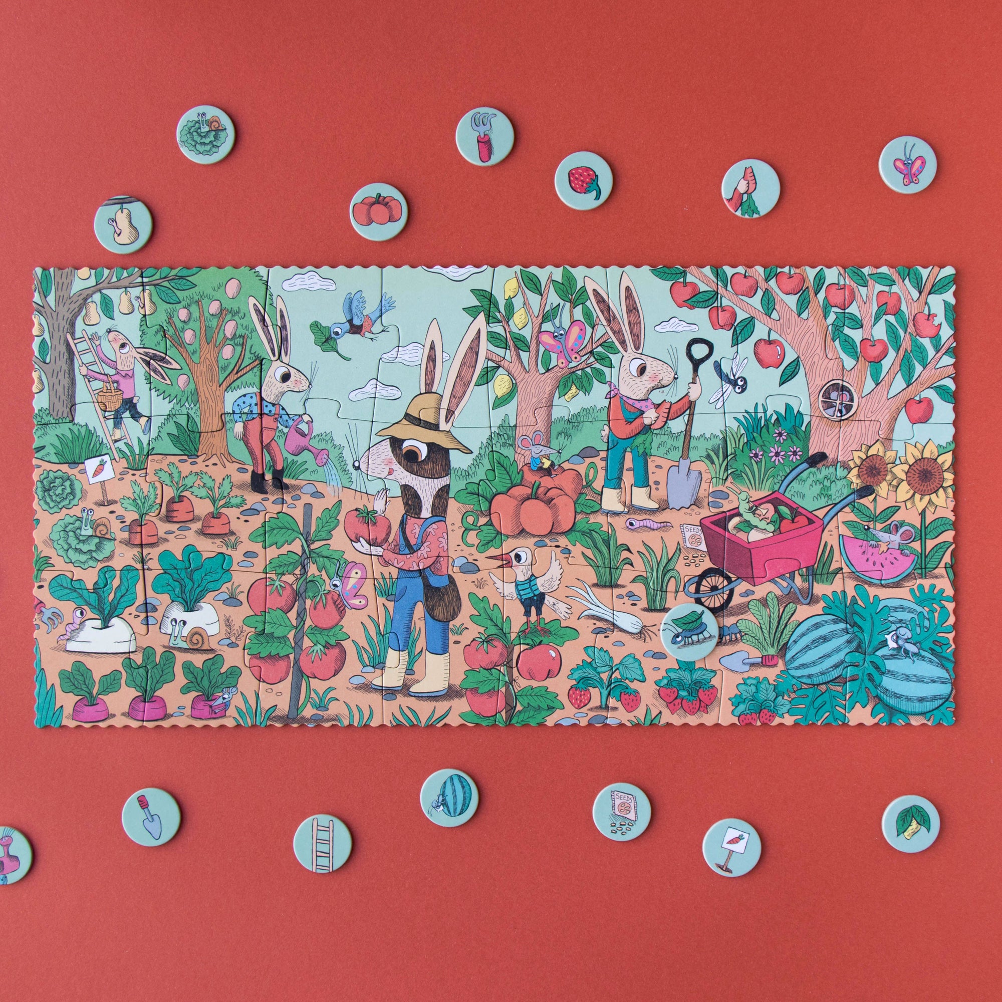 Colorful children's puzzle with cartoon characters on a red background