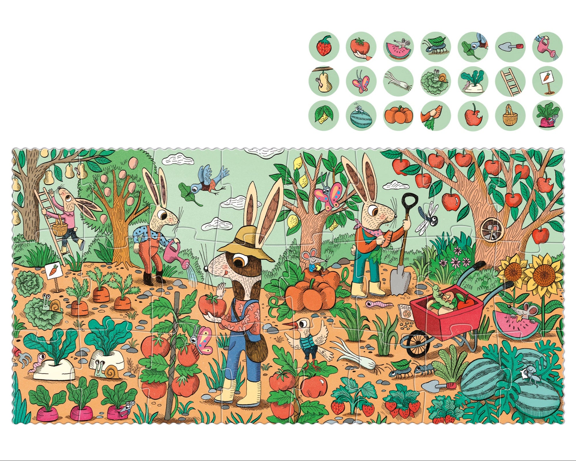 Colorful children's illustration of bunnies gardening with various vegetables and fruits.