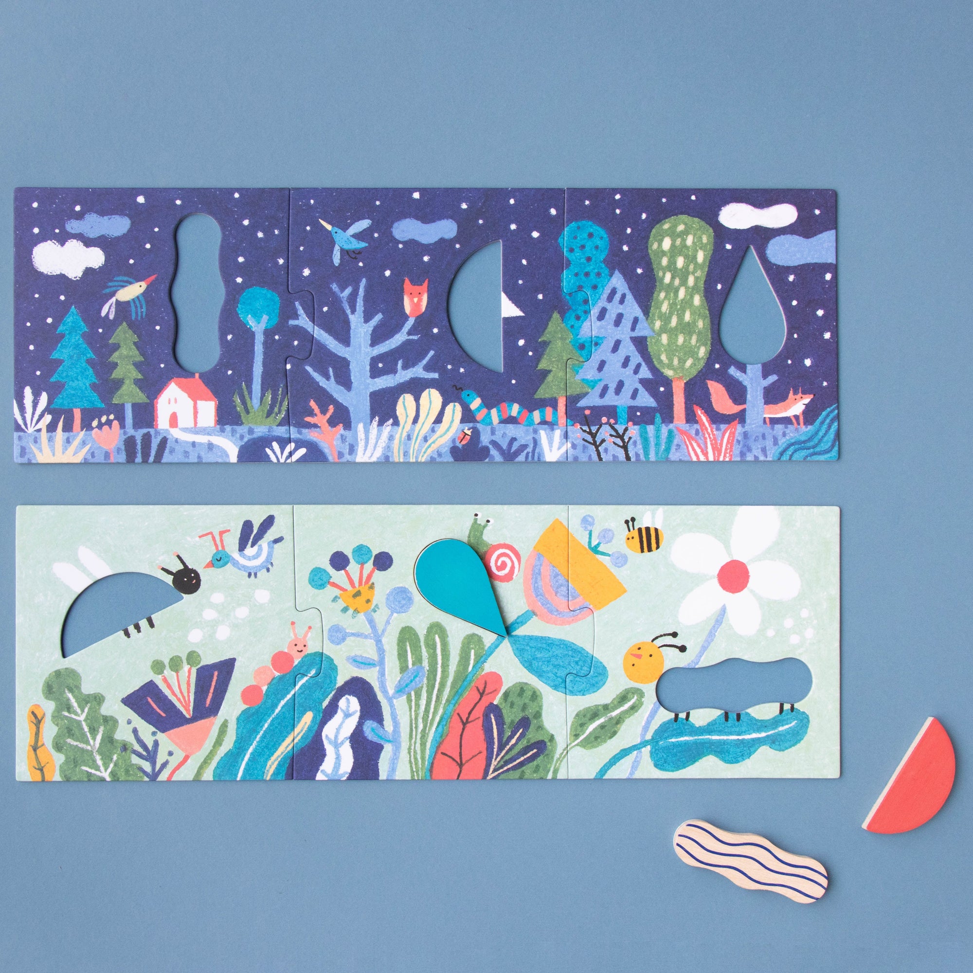 Two colorful illustrations of nature scenes on a blue background