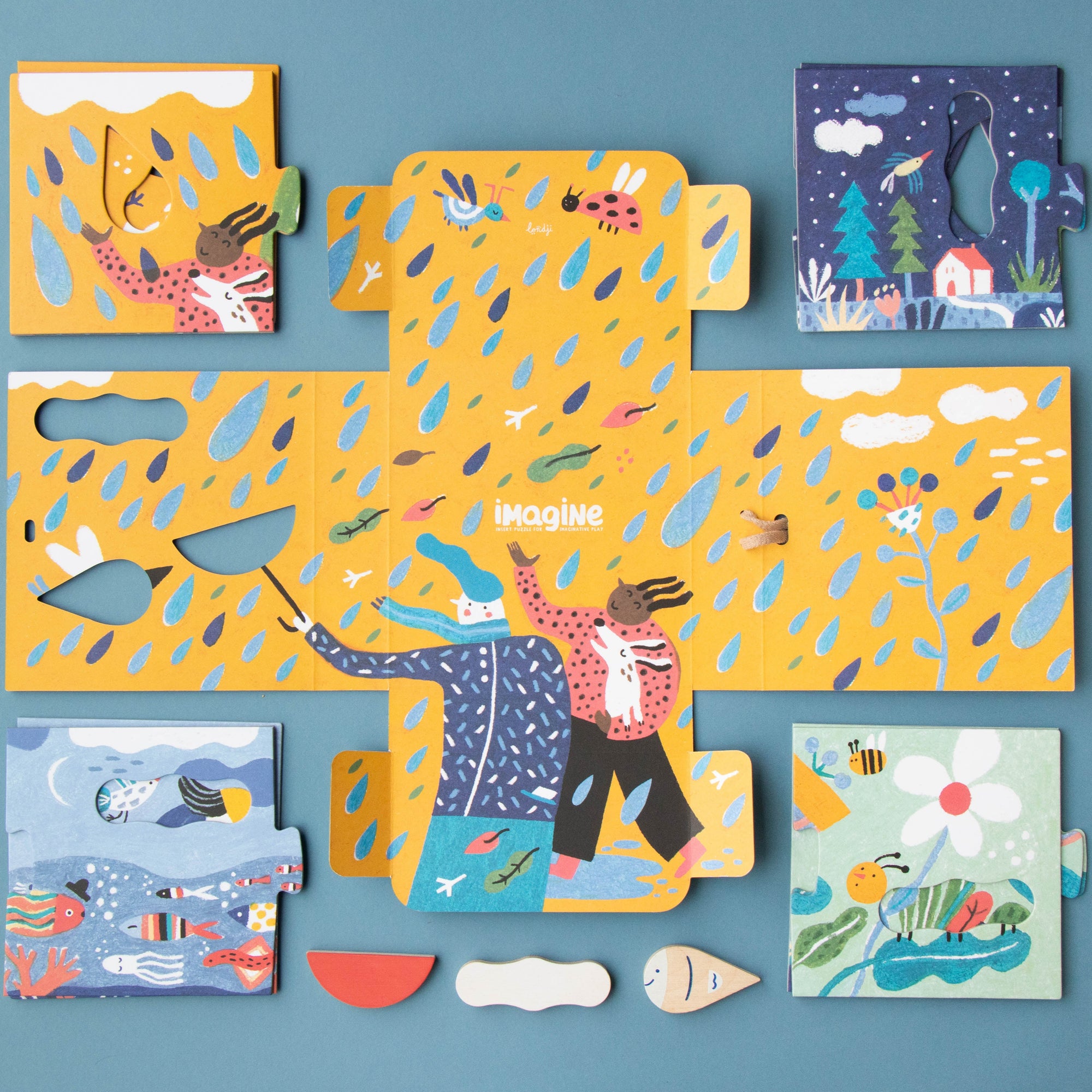 Children's puzzle with colorful illustrations on a blue background