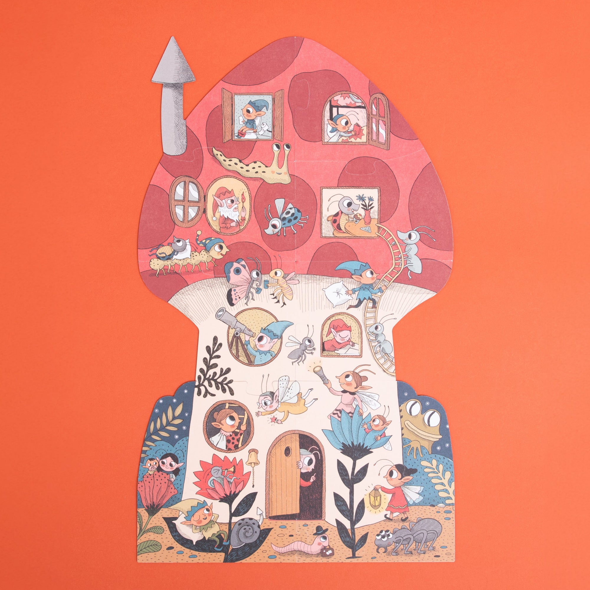 Illustrated house with various scenes on an orange background