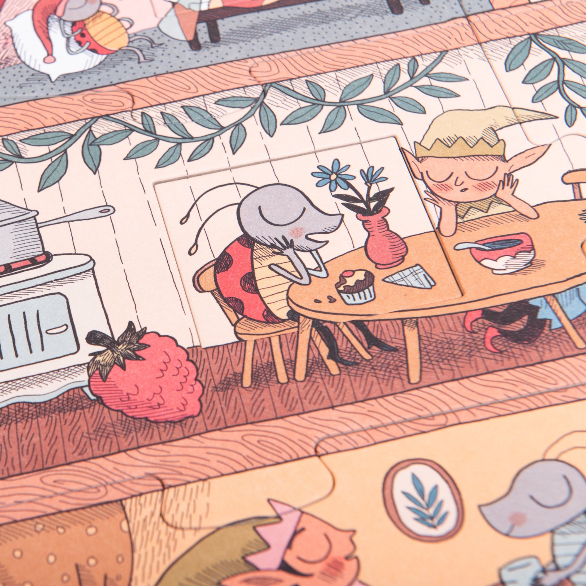 Illustration of a cozy kitchen scene with characters and a stove.