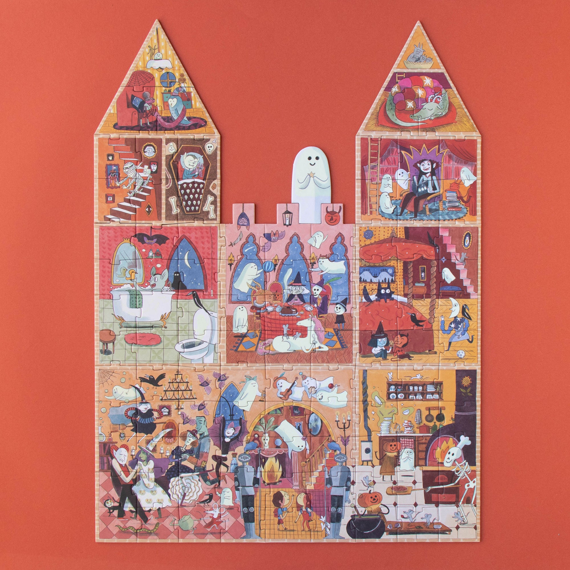 Illustration of a haunted house with ghostly figures on a red background