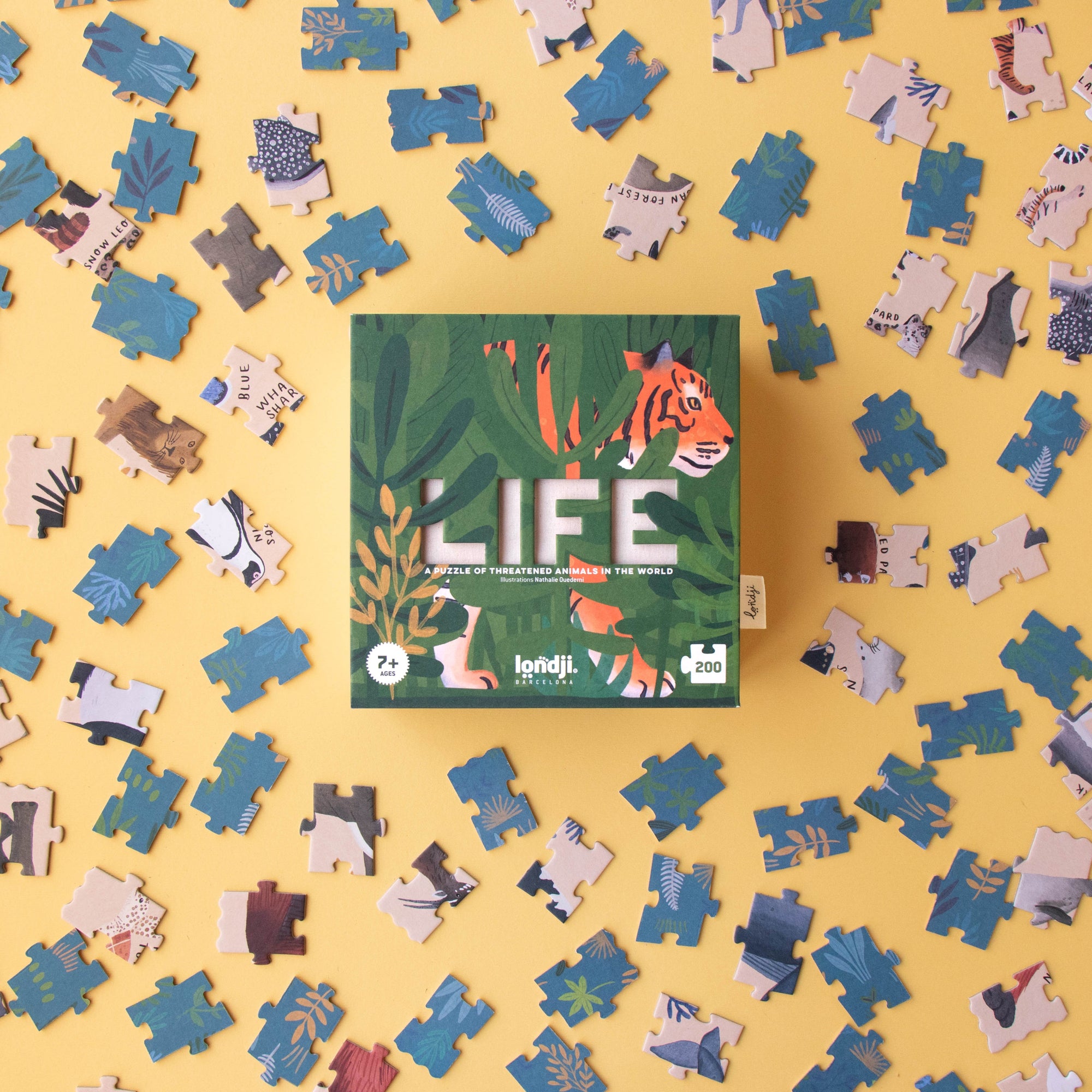 Jigsaw puzzle pieces with a 'LIFE' box in the center on a yellow background