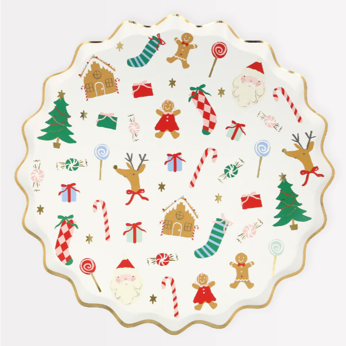 A round paper dinner plate with a Christmas themed pattern including Santa, reindeer, and holiday decorations, rimmed with gold foil.
