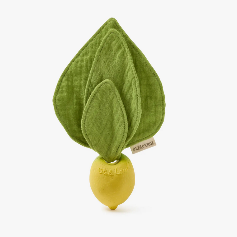 A green leaf-shaped mini doudou teether with a yellow silicone teething bead attached at the bottom.