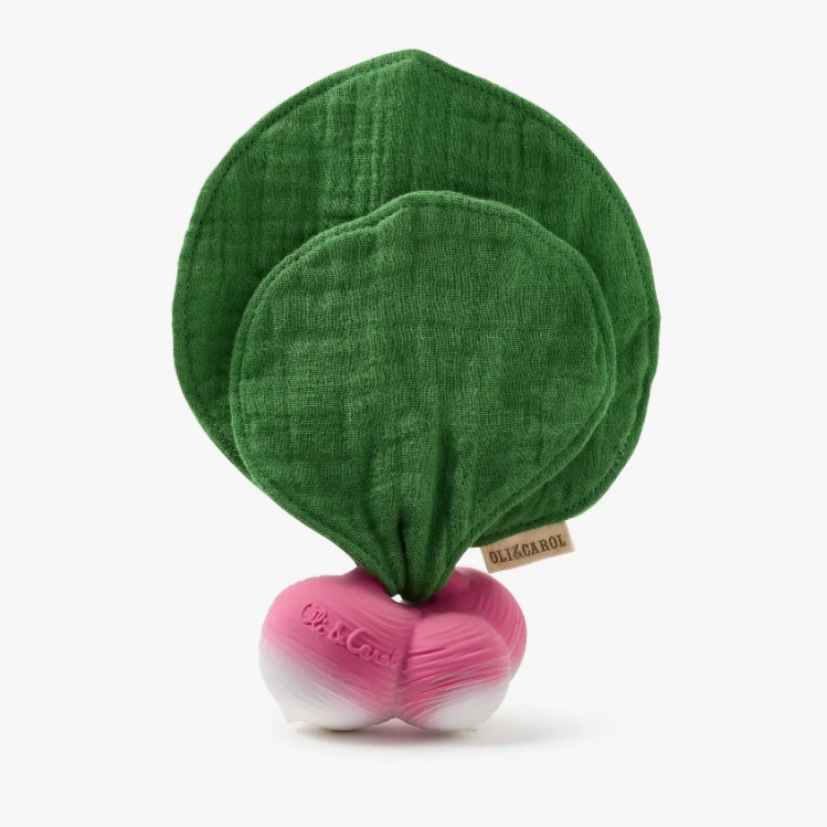 A green and pink mini DouDou teether designed to look like a radish, with a soft muslin cover and a teething ring base.
