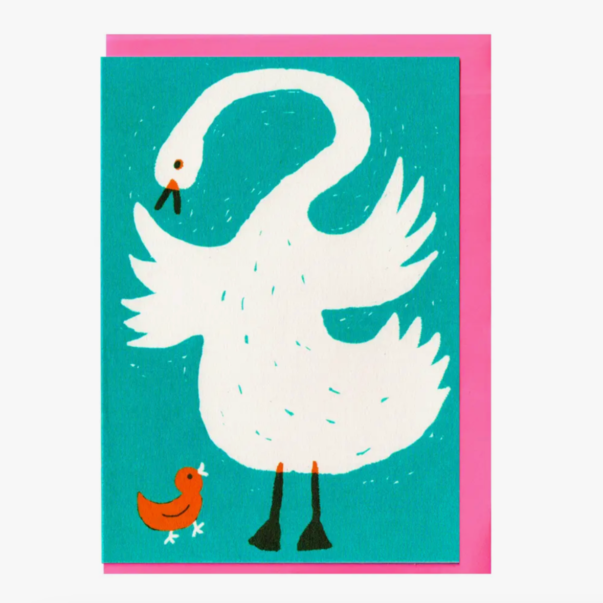 A greeting card featuring a stylized illustration of a swan and a cygnet on a teal background, with a bright pink envelope.