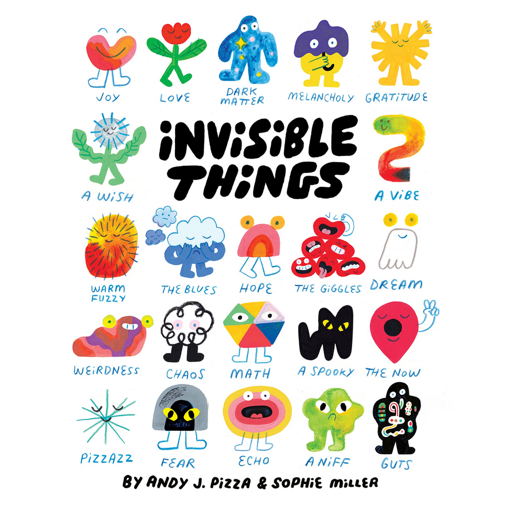 A cover of the book 'Invisible Things' featuring colorful illustrations of various emotions and concepts.