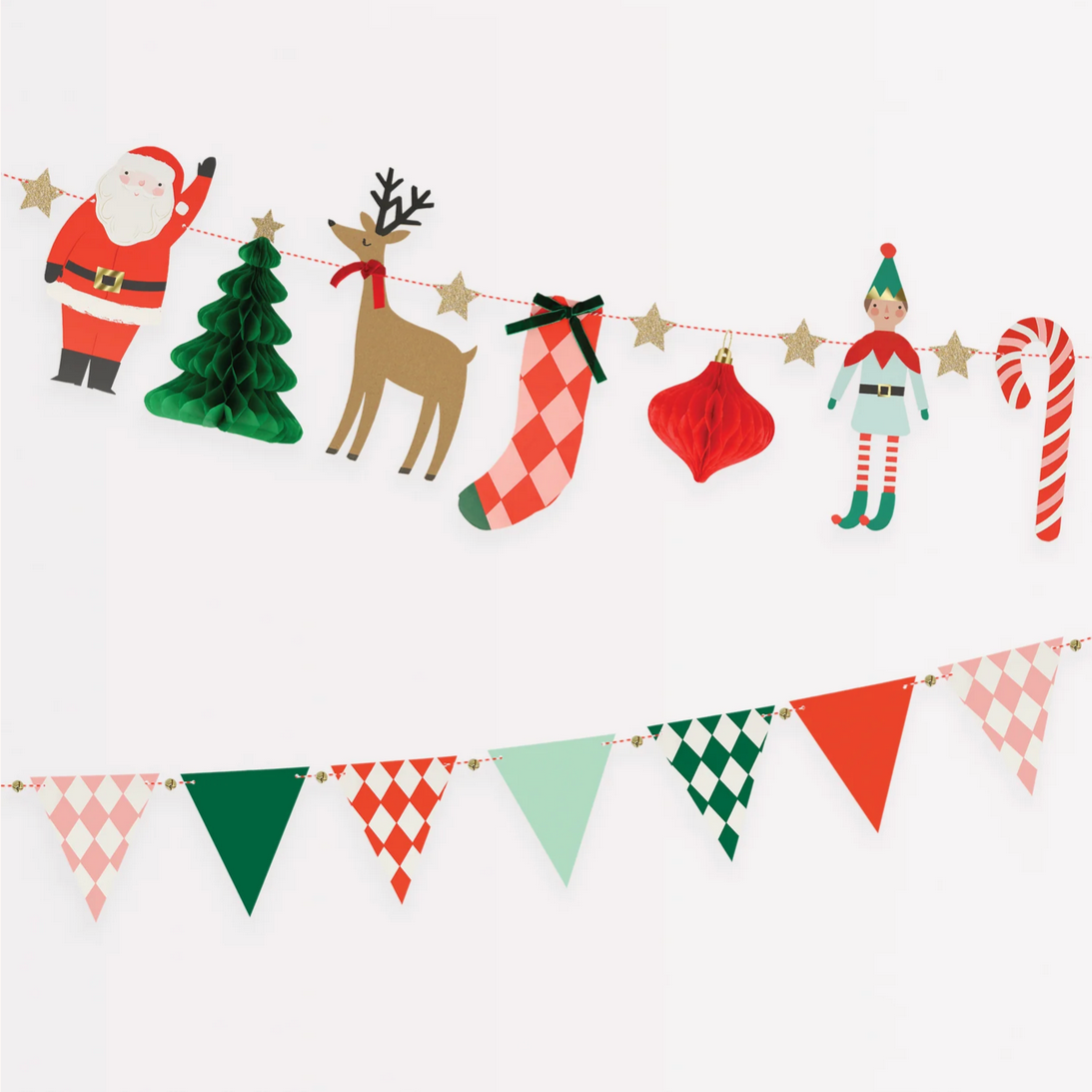 A festive Christmas garland with a variety of decorations including Santa Claus, reindeer, Christmas trees, stockings, and festive patterns such as stars and snowflakes, with a series of pennants displaying colorful holiday designs.