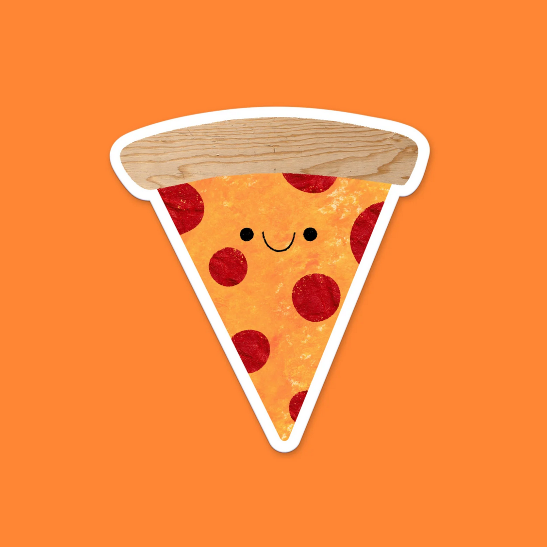 A vinyl sticker in the shape of a slice of pizza with a smiling face, pepperoni toppings, and a glossy finish on an orange background.