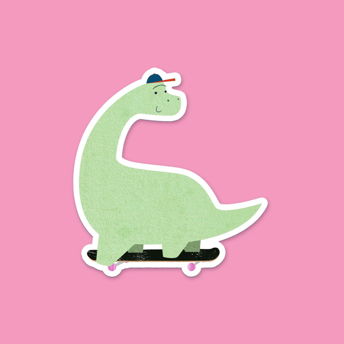 A vinyl sticker depicting a green dinosaur riding a skateboard on a pink background.