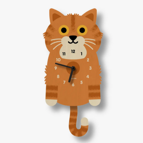 Orange Kitten Pendulum Clock -wood