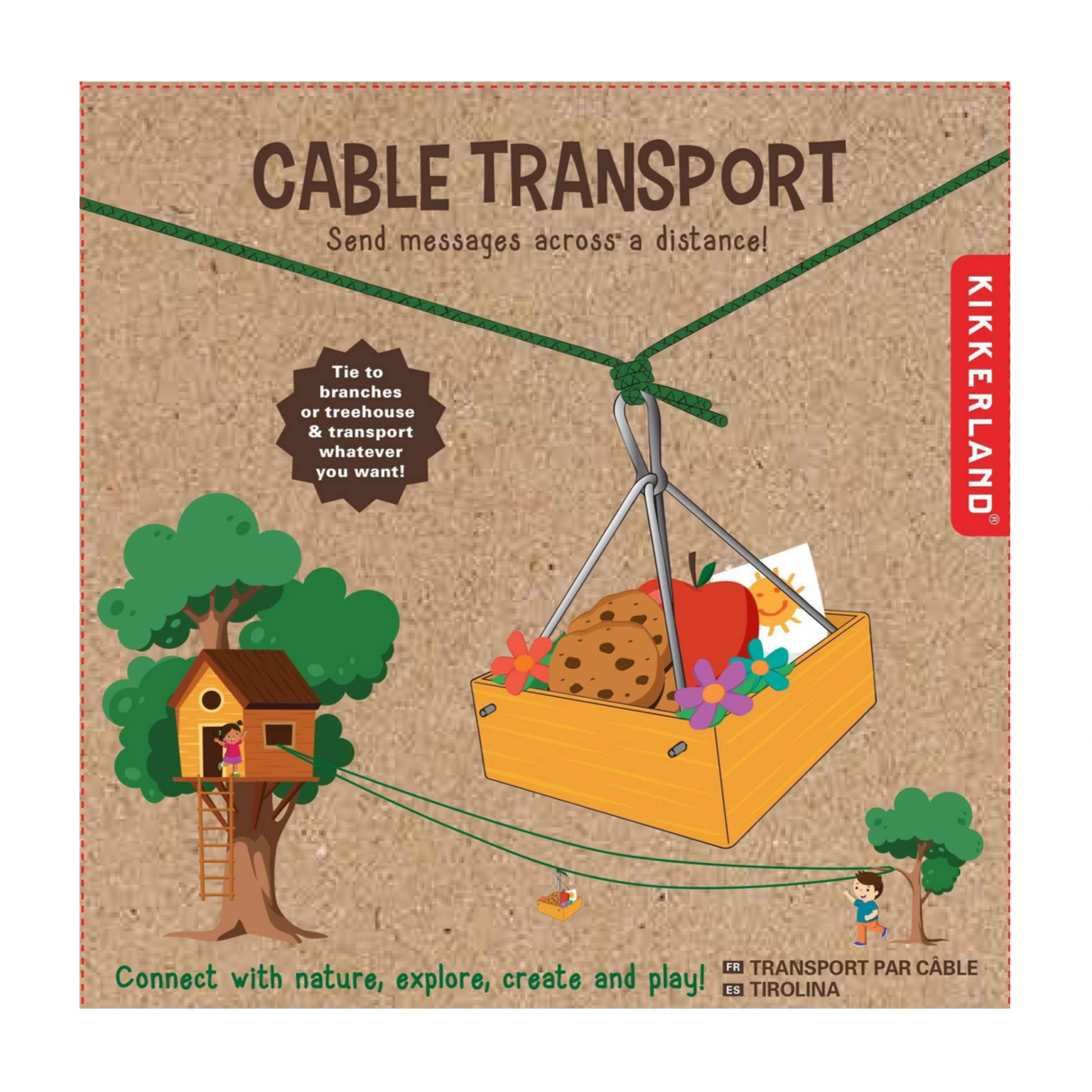 Illustration of a cable transport system with a wooden crate, metal pulleys, and rope set up between two treehouses.