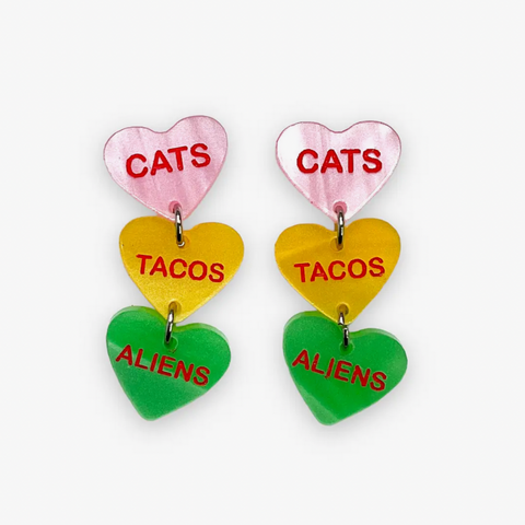 Cats Tacos Aliens Candy Heart Earrings