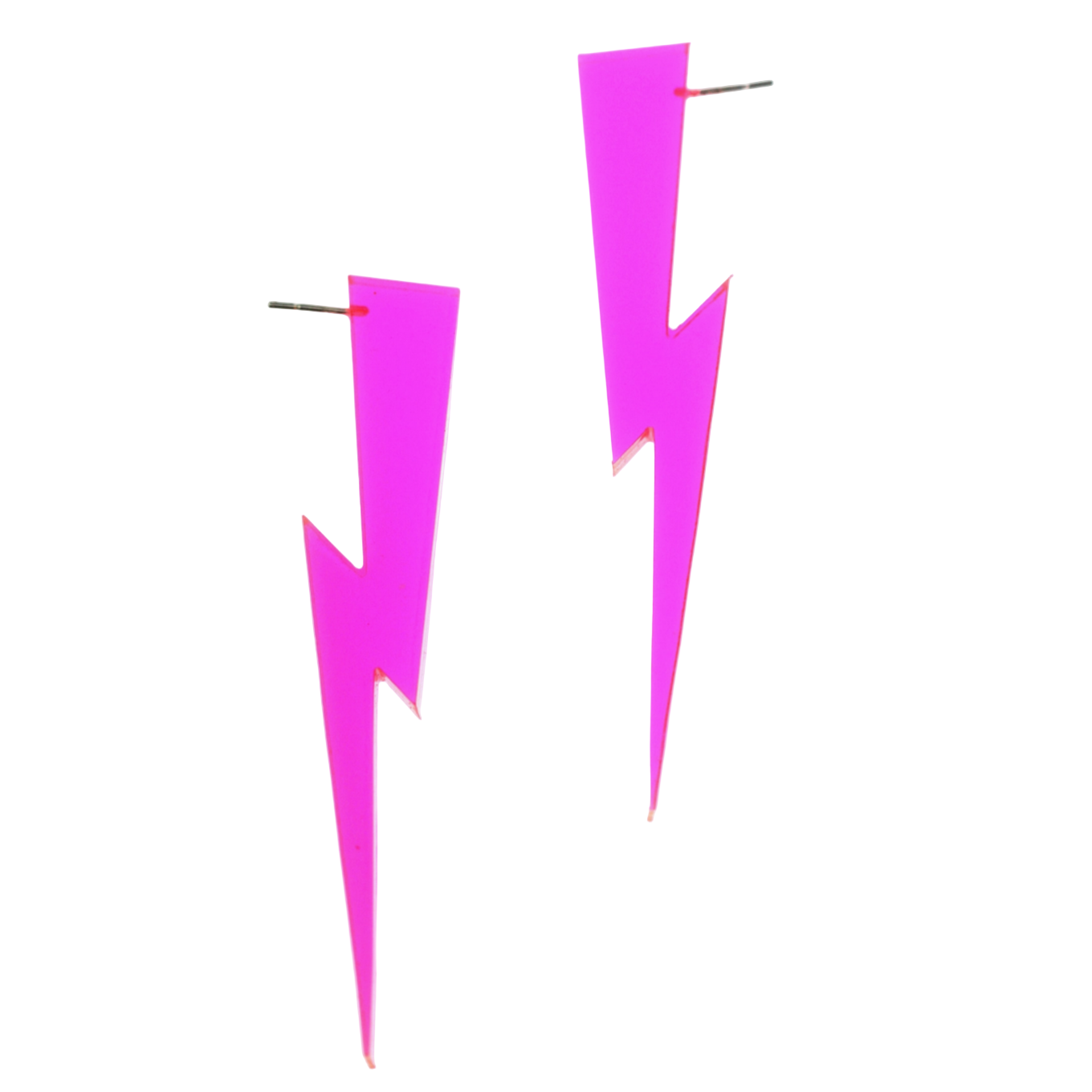 A pair of pink lightning bolt-shaped earrings on a white background