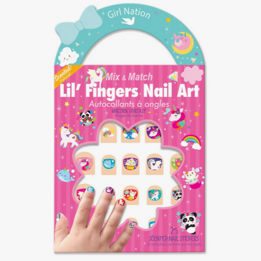 Packaging for 'Lil' Fingers Nail Art- Unicorn Fantasy' featuring various colorful nail decals with unicorn and other cute designs, suitable for children aged 3-7.