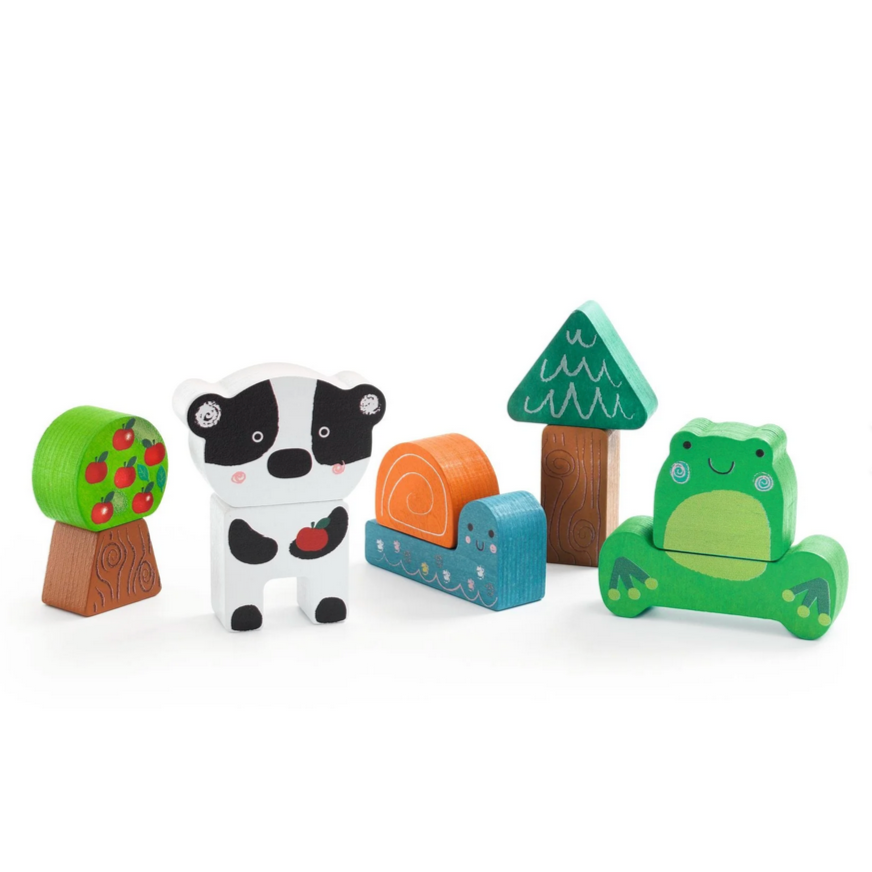 A wooden shape-sorting puzzle with animal figures and geometric shapes on a white background.
