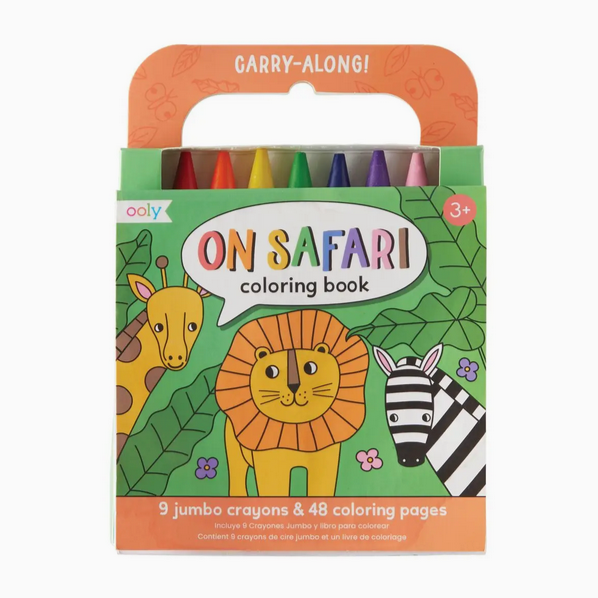 Packaging of 'On Safari Carry Along Coloring Book' with illustrations of a lion, giraffe, and zebra, featuring 9 jumbo crayons and 48 coloring pages.