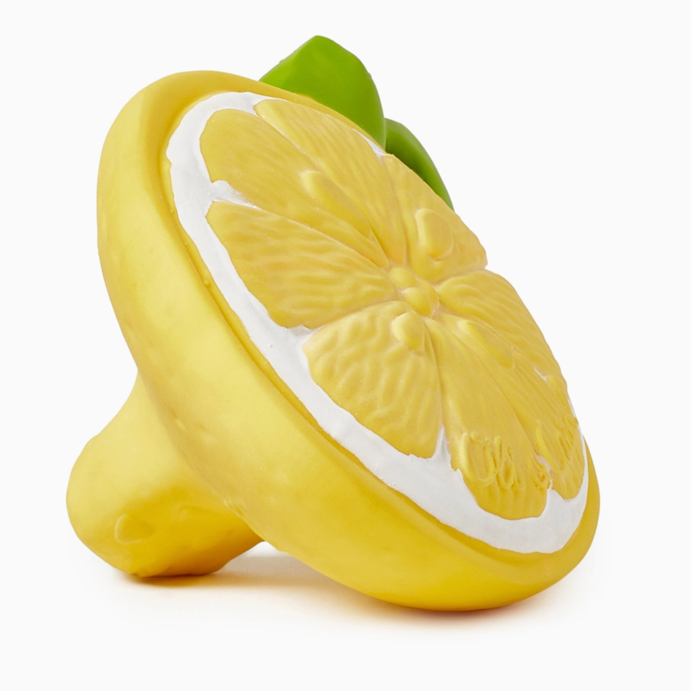 A yellow lemon-shaped baby teether with realistic textures and a green leaf detail on top.