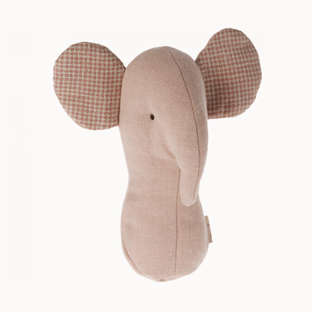A beige elephant-shaped baby rattle with patterned ears, made of soft fabric, displayed against a white background.