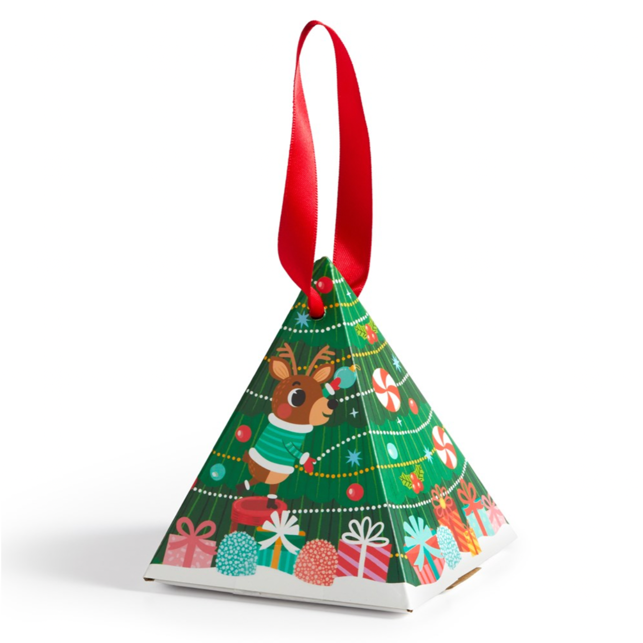 A colorful illustration of a reindeer inside a Christmas snow globe, surrounded by holiday ornaments and a red ribbon for hanging.