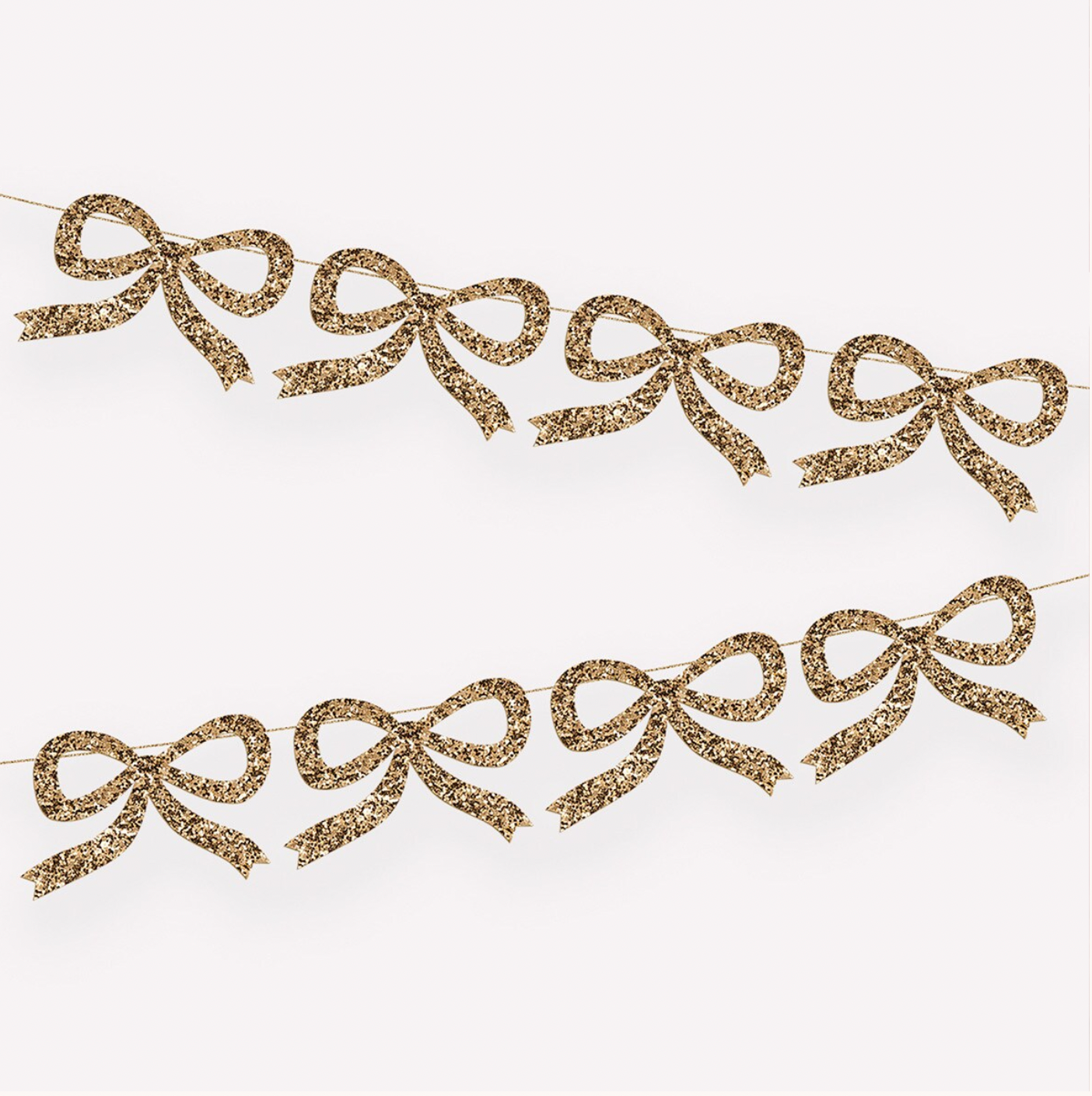 A garland made up of gold glittery bows arranged in a line.
