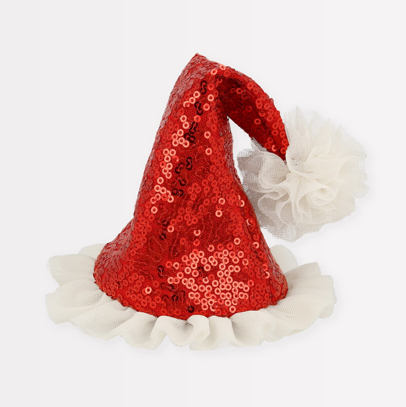 A red sequin Santa hat hair clip with off white tulle fringing and a pom pom attached to a silver tone crocodile clip for hair.