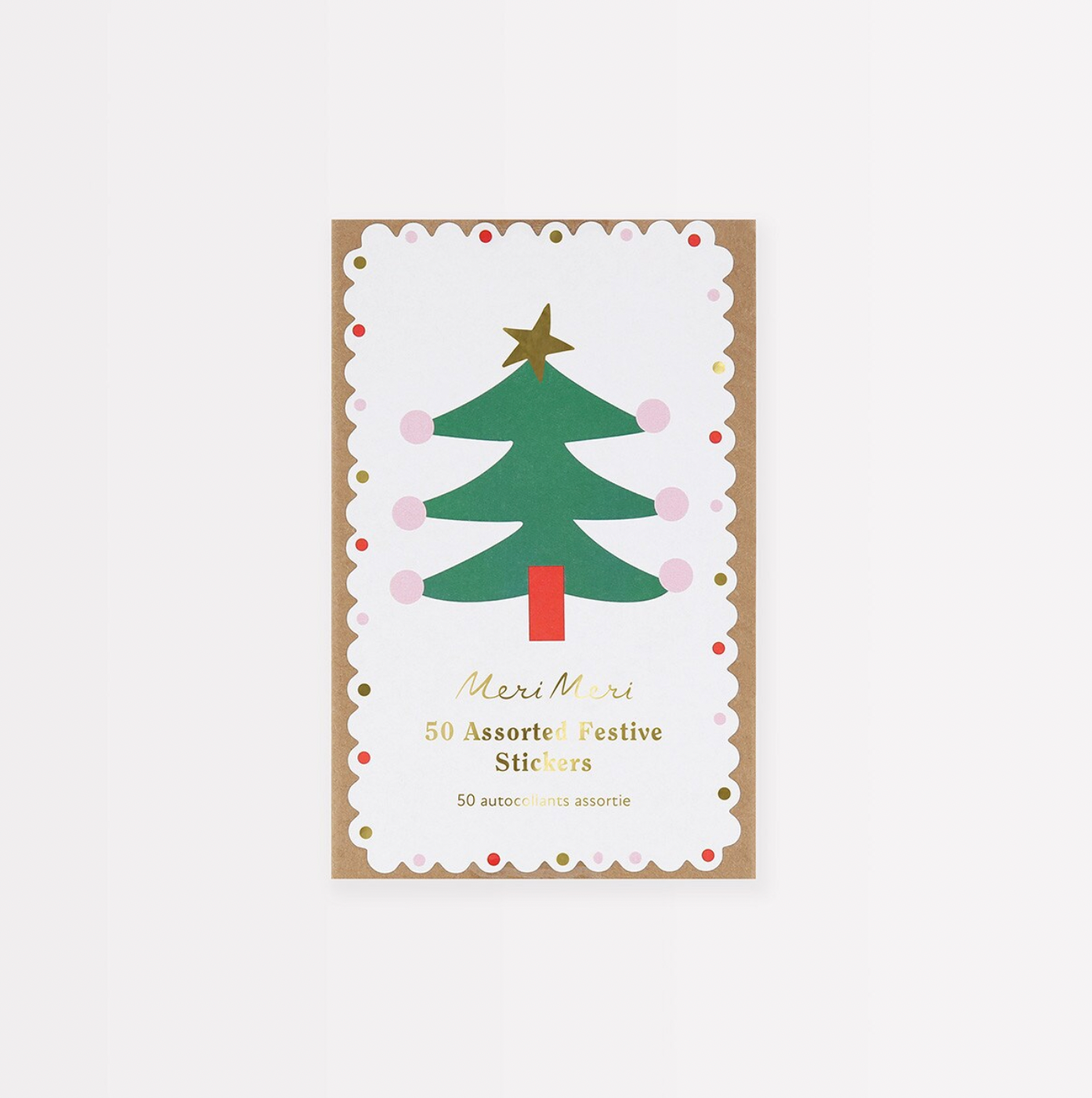 A matchbox-style container with festive Christmas tree stickers inside, labeled with '50 assorted festive stickers'.
