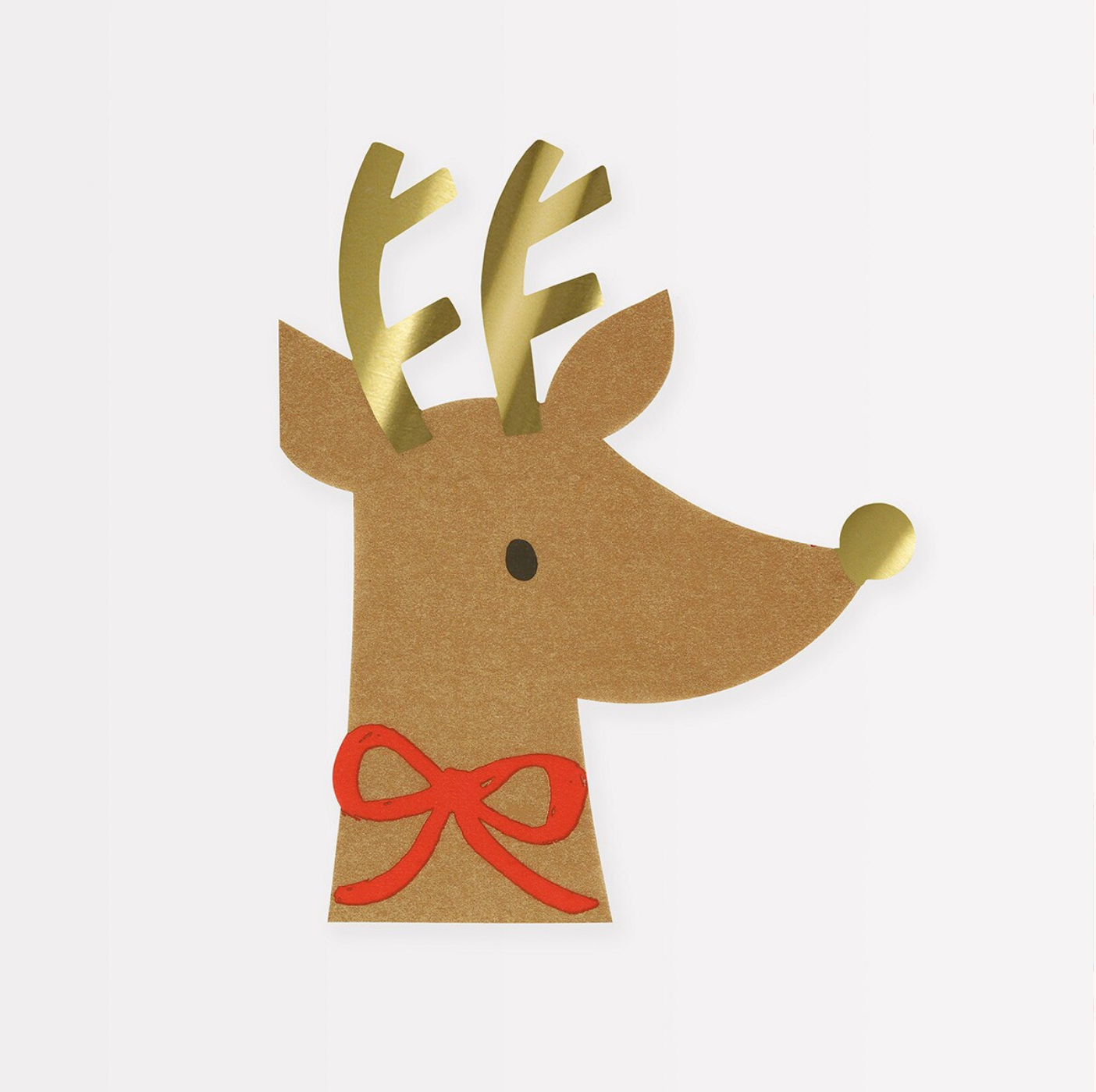 A 3-ply paper napkin designed in the shape of a reindeer, with shiny gold foil details for the antlers and a red bow on the front.