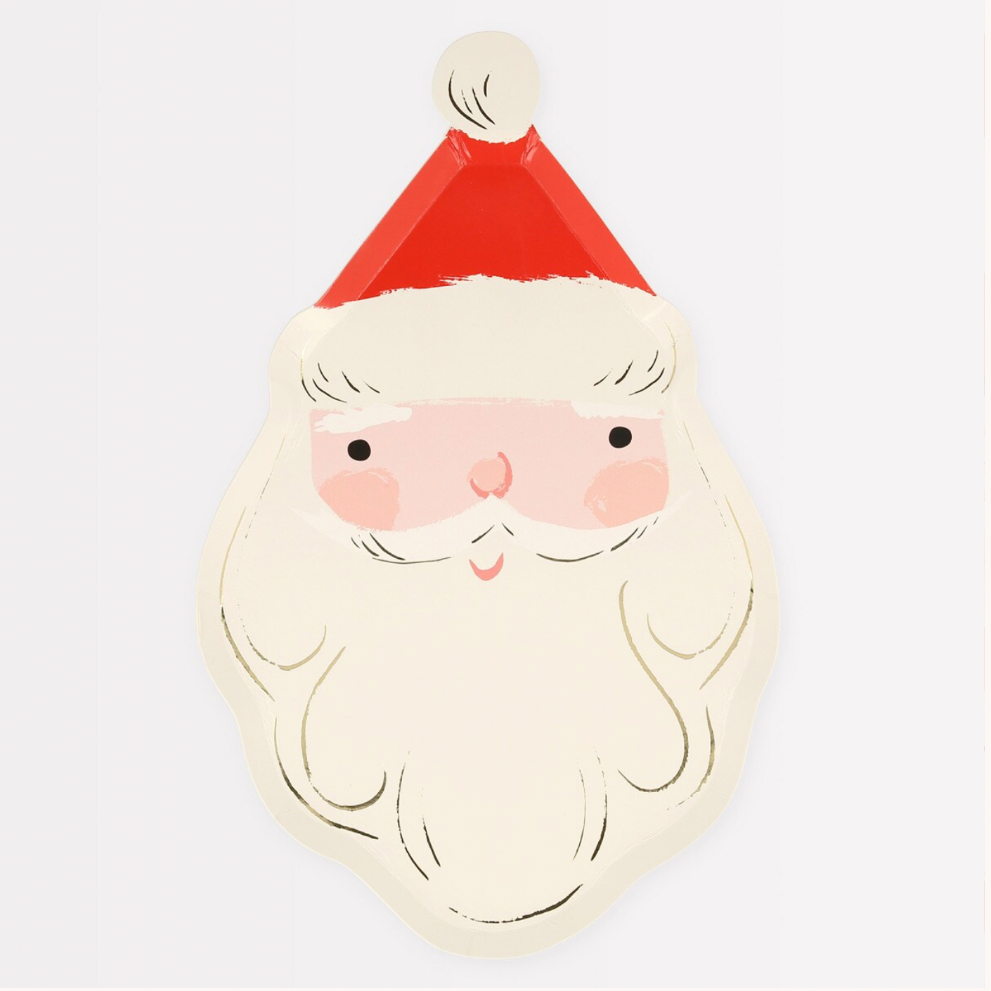 A paper plate with a illustration of Santa Claus's face, predominantly in red and white colors.