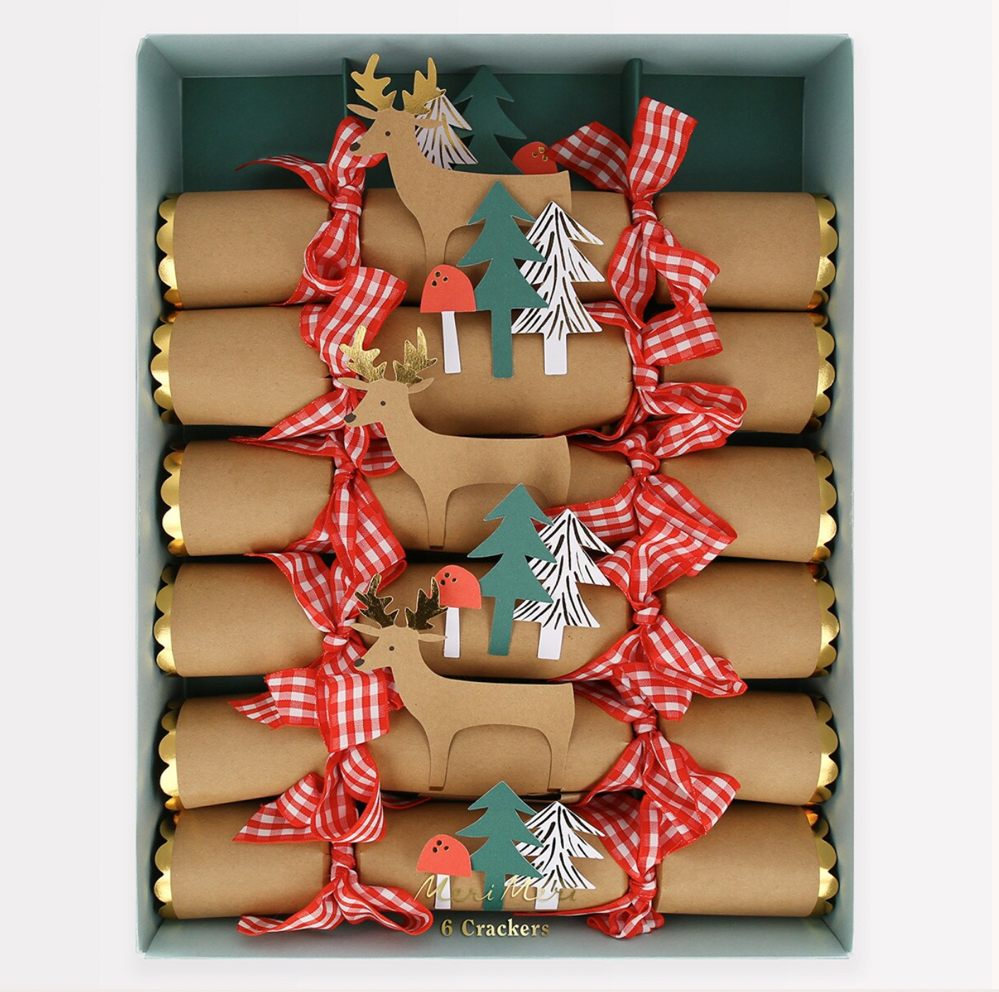 A pack of six Christmas crackers designed with woodland flora and fauna details, red and white gingham ribbons, and gold foil accents. The packaging displays the crackers with festive motifs like reindeer and trees.