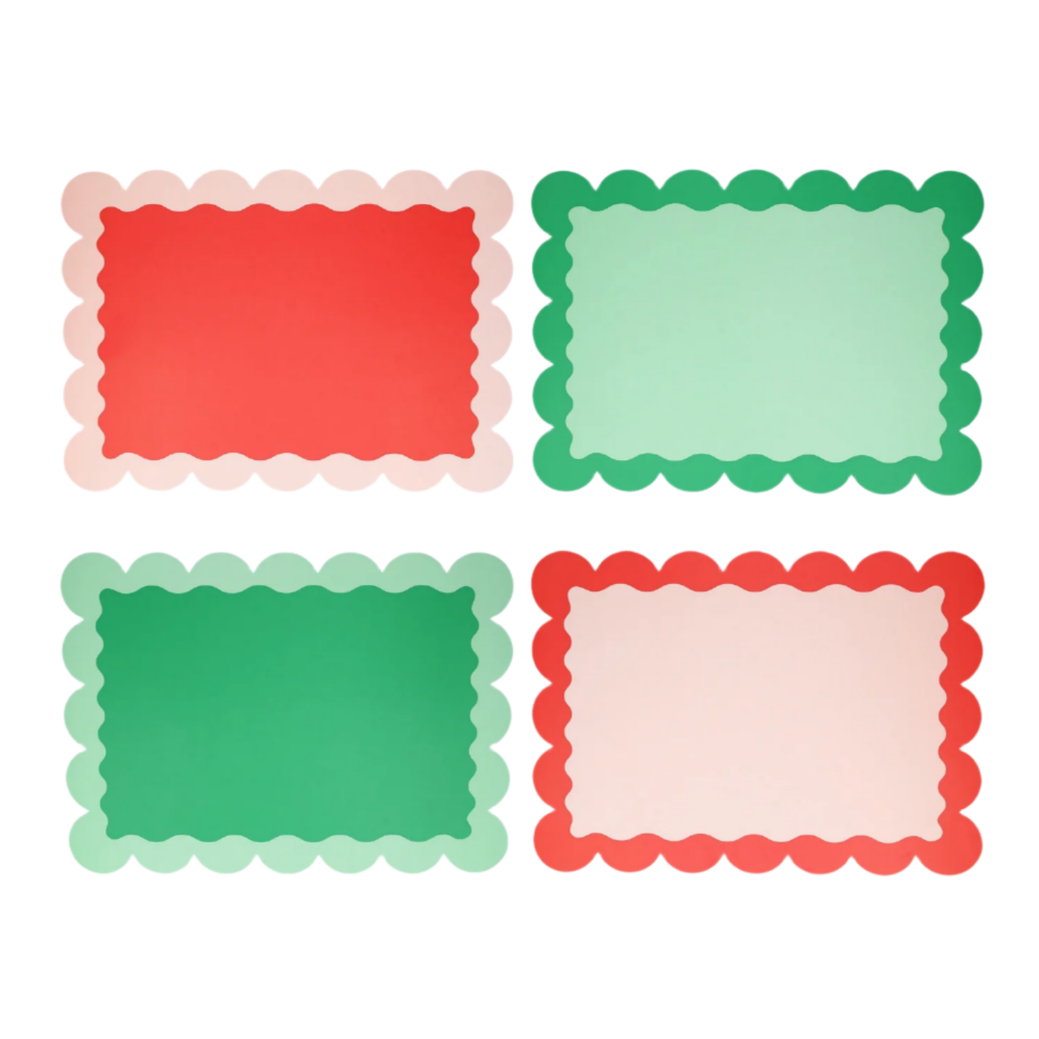 A set of paper placemats with scalloped edges in red, green, and pink colors, presented on a white background.
