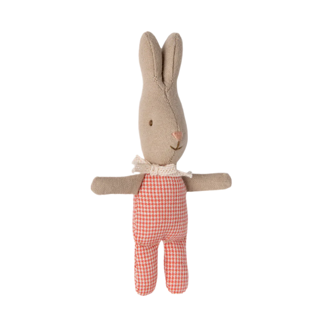 A small plush toy resembling a rabbit with a beige body and red checkered overalls.