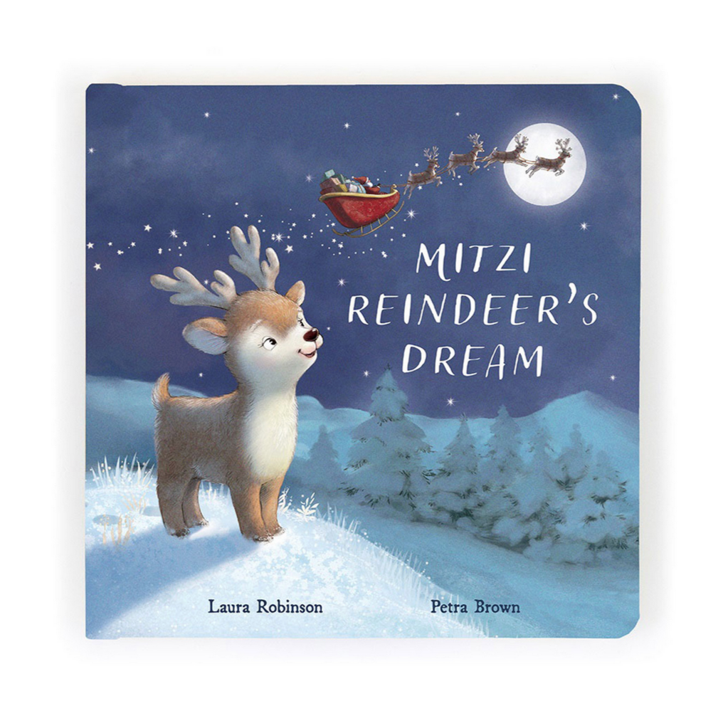 Cover of 'Mitzi Reindeer's Dream Book' featuring an illustration of a reindeer and Santa's sleigh in the sky at night.