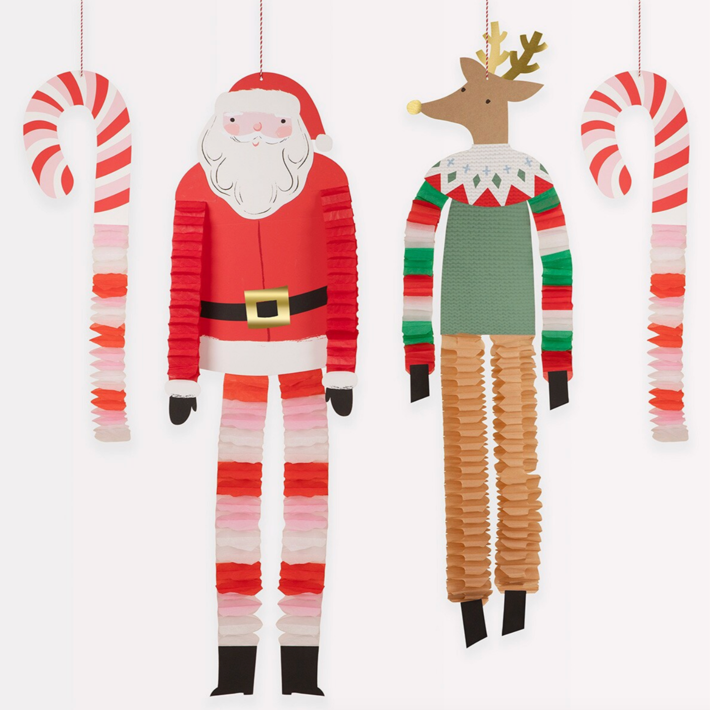 A set of four Christmas decorations featuring a red and white striped candy cane, a Santa Claus in a red and green outfit, and a reindeer with antlers, all with honeycomb legs and arms, hanging against a white background.