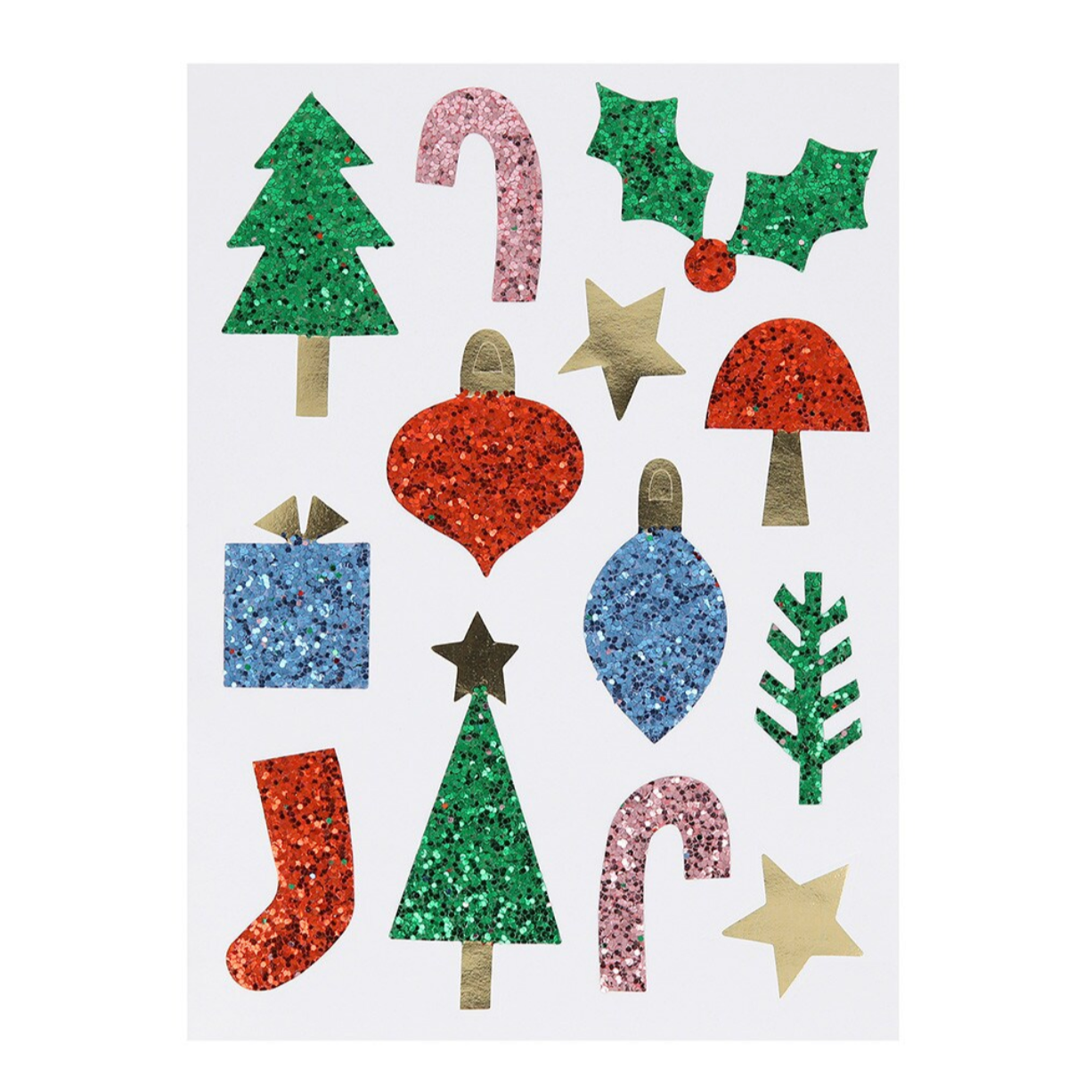 Assorted Christmas-themed chunky glitter stickers including trees, baubles, gifts, and candy cane, with a mix of forest green, lake blue, red and pink colors, and shiny gold foil details.