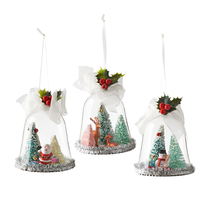 This image features an elegantly designed Holly Dome Ornament, consisting of a glass and resin globe. It showcases charming Christmas winter scenes inside each dome, depicting playful holiday-themed figurines among snow-covered trees.