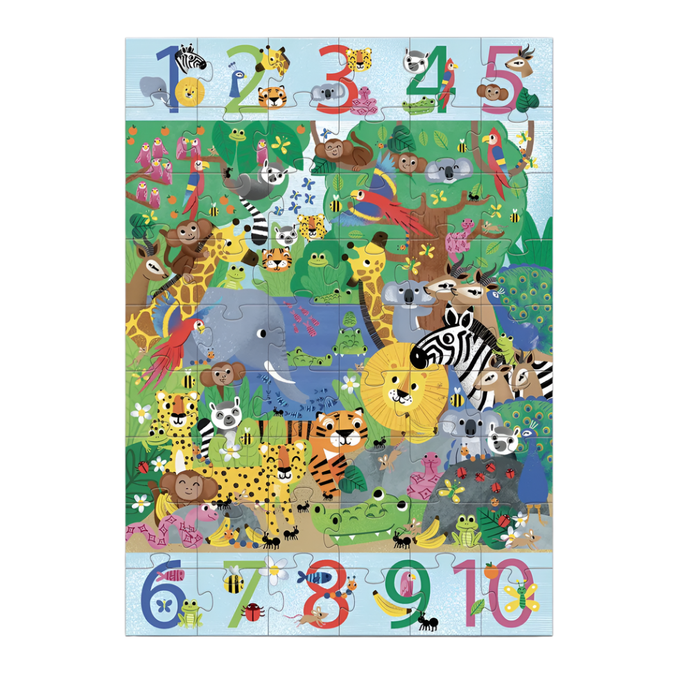 A colorful giant floor jigsaw puzzle with a jungle theme, featuring various animals and numbers 1 to 10.