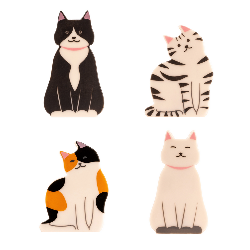 A set of four beige bag clips featuring different illustrations of cats. Each clip has a different design, representing different breeds of cats.