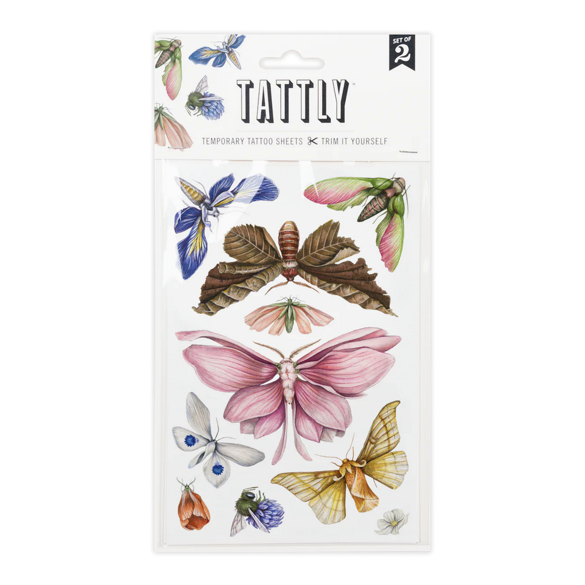 Packaging of Tattly temporary tattoos featuring various colorful butterfly designs.