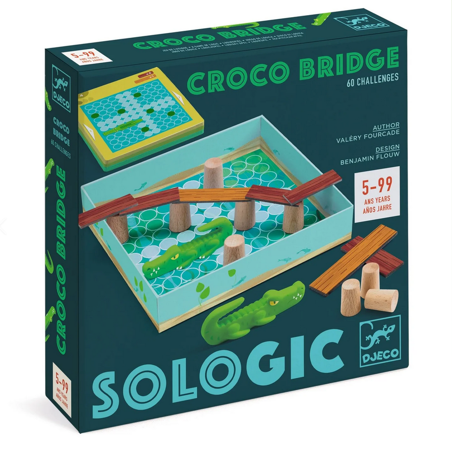 Product packaging for 'Croco Bridge Sologic', featuring a game board, crocodile pieces, trunks, and challenge cards with a green, blue, and brown color scheme.