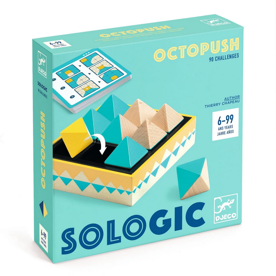 Packaging for OctoPush Sologic game featuring a colorful box with a depiction of the game setup including a board, crocodile pieces, and challenge cards.